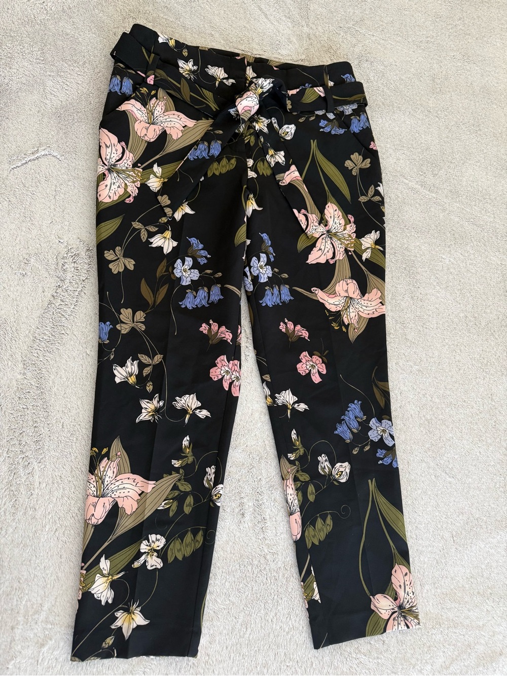 Floral Tie-Waist Cropped Pants — Black with Pink & Blue Floral Print